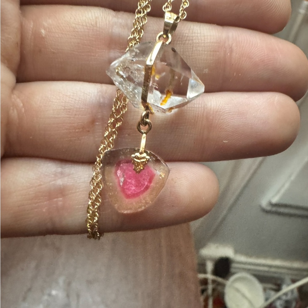 Rare solid 14k gold genuine watermelon tourmaline/herkimer diamond necklace$1890 - Picture 9 of 14